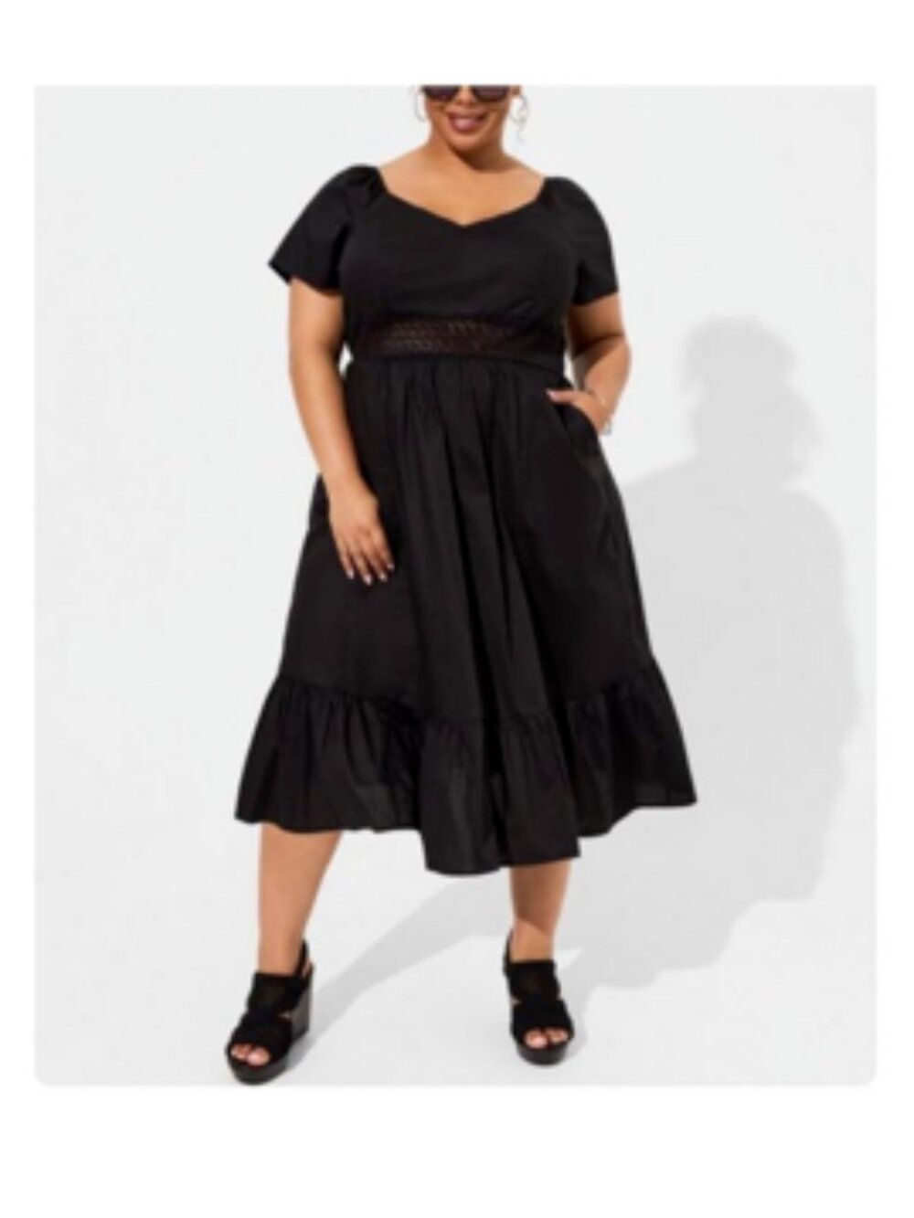 Torrid Cotton Poplin Midi Dress Sheer Waist Tie Back Black NWT Plus Size 3